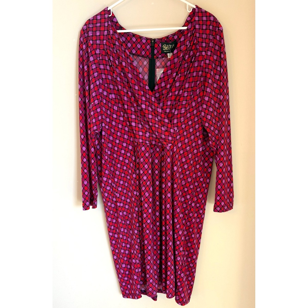 Bob Mackie Wearable Art Dress 2X Pink Red Geometric Faux Wrap V-Neck NWT